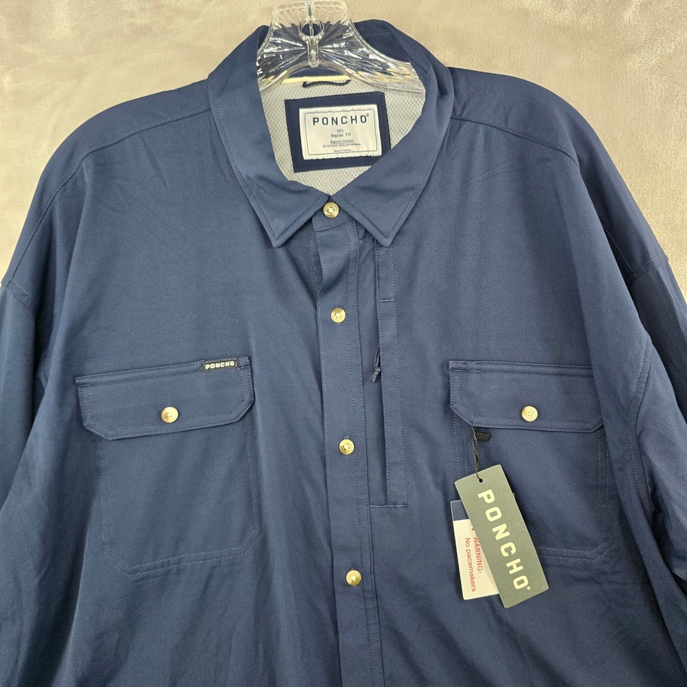 Poncho The Pilar Shirt Mens 3XL Navy Blue Magnetic Pockets Long Sleeve Regular